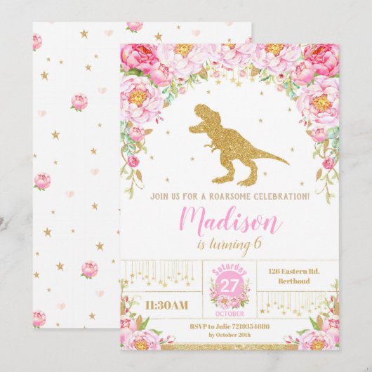 Floral Dinosaur Anniversaire Invitation Girl T-Rex (Devant / Derrière)