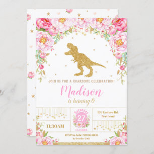 Floral Dinosaur Anniversaire Invitation Girl T-Rex