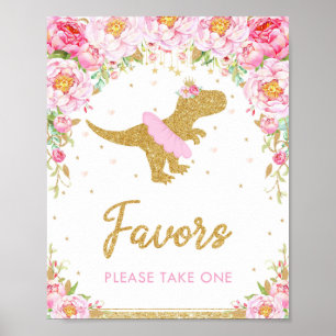 Floral Dinosaur Birthday Party T-Rex Favors Sign Poster