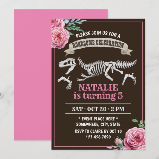 Floral Dinosaur Girl Birthday Party Kaart (Voorkant / Achterkant)