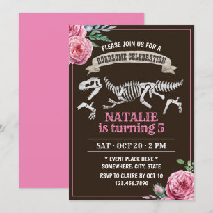 Floral Dinosaur Girl Birthday Party Kaart