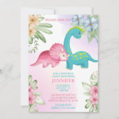 Floral Dinosaur Girls Anniversaire Fête Invitation (Devant)