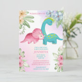 Floral Dinosaur Girls Anniversaire Fête Invitation (Debout devant)