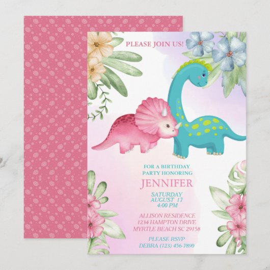 Floral Dinosaur Girls Anniversaire Fête Invitation (Devant / Derrière)
