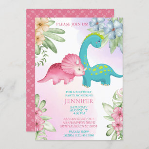 Floral Dinosaur Girls Anniversaire Fête Invitation
