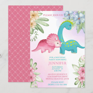 Floral Dinosaur Girls Anniversaire Fête Invitation