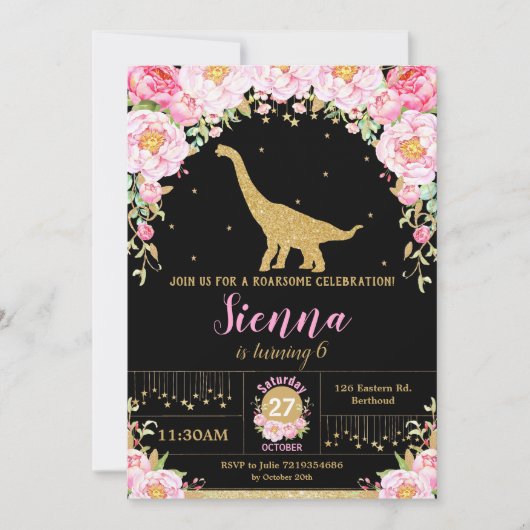Floral Dinosaur Invitation Anniversaire Fille Bron (Devant)