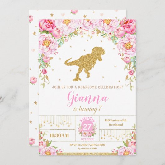 Floral Dinosaur Invitation Anniversaire T-rex (Devant / Derrière)