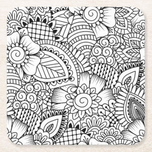 Floral Doodle Pattern Vierkante Kartonnen Onderzetter