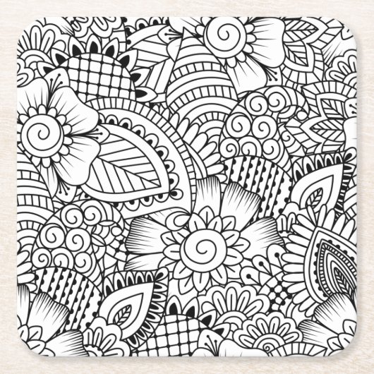 Floral Doodle Pattern Vierkante Kartonnen Onderzetter (Voorkant)