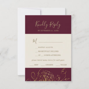 Floral doré Bourgogne & Gold Menu Choix RSVP