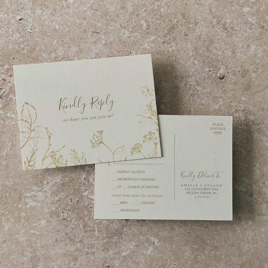 Floral doré | Carte Postale RSVP Choice Menu