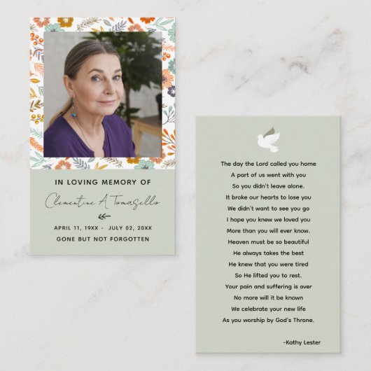 Floral Dove Funeral Memorial Prayer Visitekaartje (Voorkant / Achterkant)