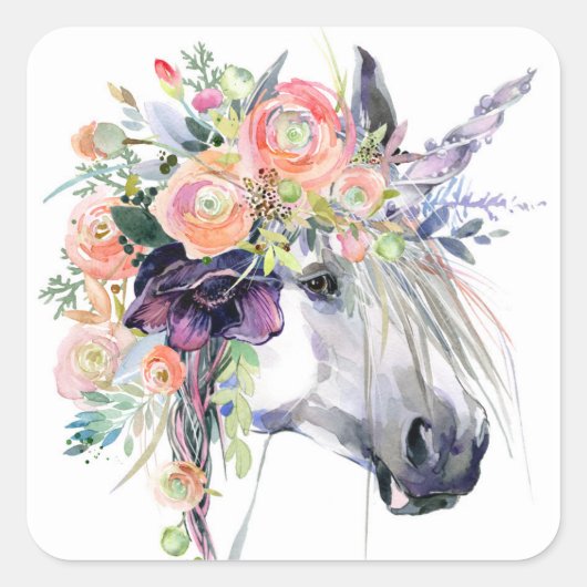 Floral Dprimed Unicorn Vierkante Sticker (Voorkant)