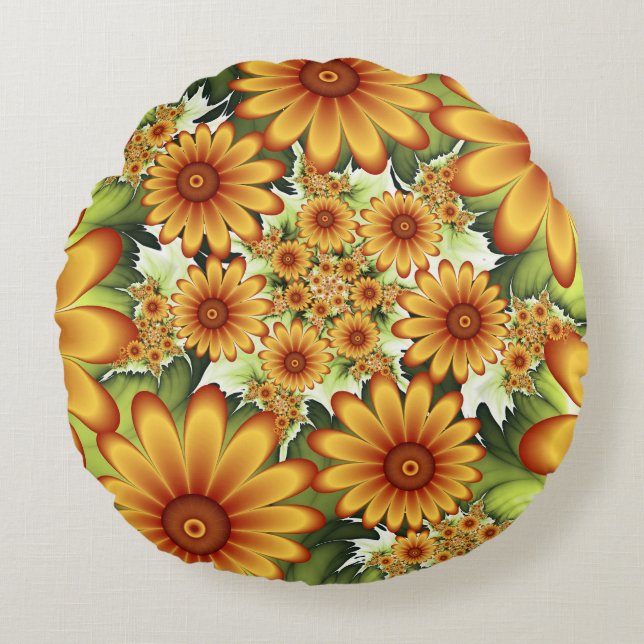 Floral Dream, Moderne Abstracte bloemen Fractal Ar Rond Kussen (Voorkant)