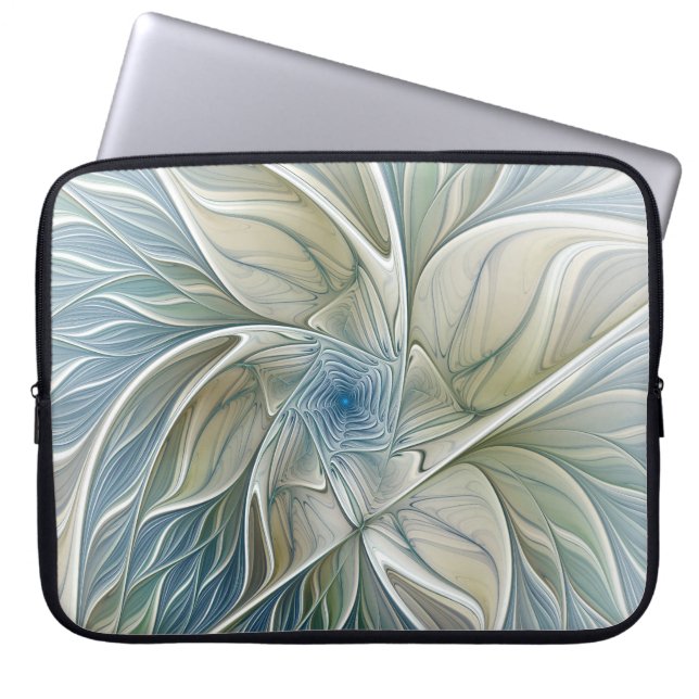 Floral Dream Pattern Abstract Blue Khaki Fractal Laptop Sleeve (Voorkant)