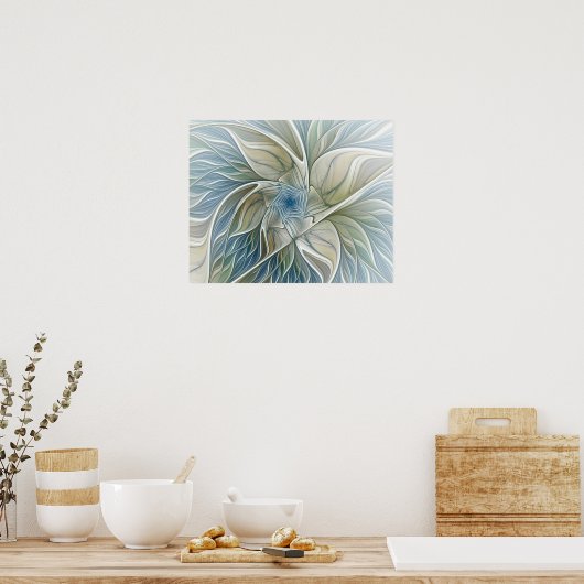 Floral Dream Pattern Abstract Blue Khaki Fractal Poster (Keuken)