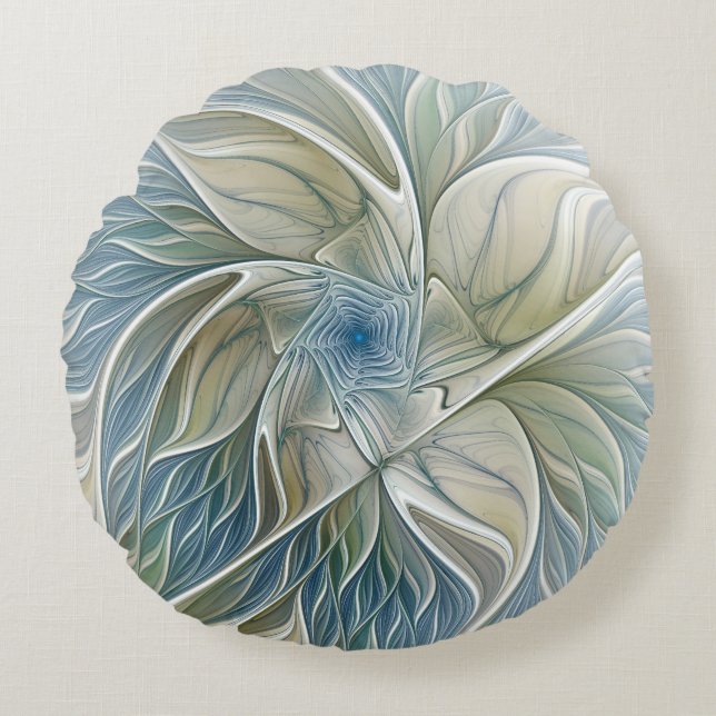 Floral Dream Pattern Abstract Blue Khaki Fractal Rond Kussen (Voorkant)