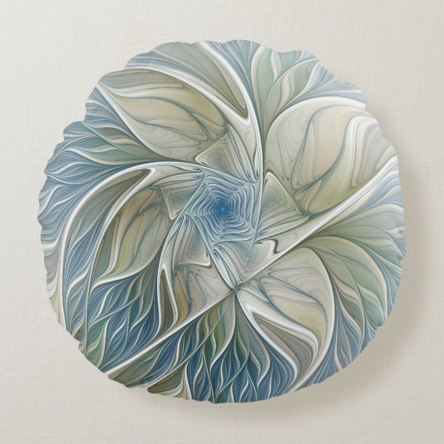 Floral Dream Pattern Abstract Blue Khaki Fractal Rond Kussen (Voorkant)