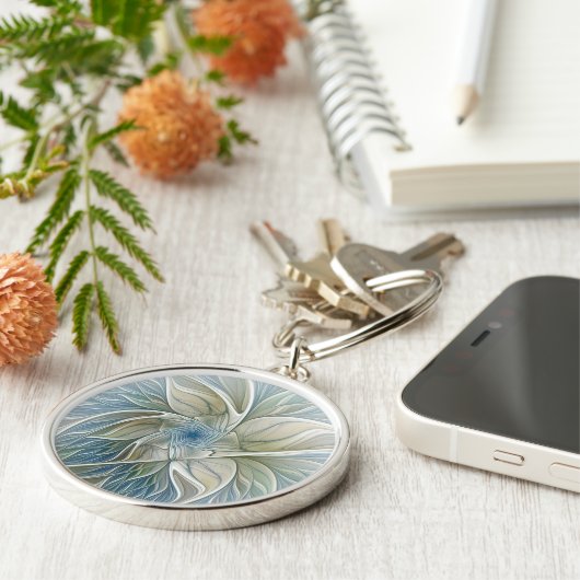 Floral Dream Pattern Abstract Blue Khaki Fractal Sleutelhanger (Zijkant)