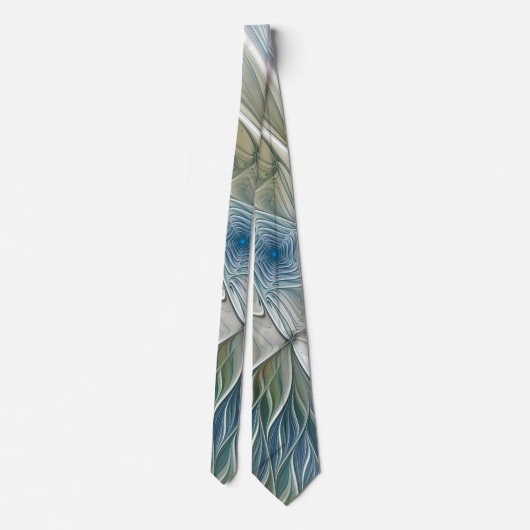 Floral Dream Pattern Abstract Blue Khaki Fractal Stropdas (Achterkant)