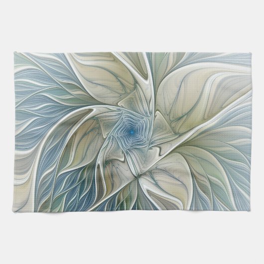 Floral Dream Pattern Abstract Blue Khaki Fractal Theedoek (Horizontaal)