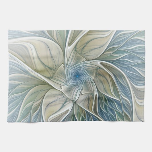 Floral Dream Pattern Abstract Blue Khaki Fractal Theedoek (Horizontaal)