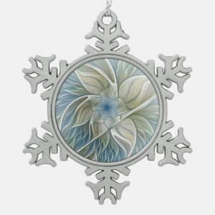 Floral Dream Pattern Abstract Blue Khaki Fractal Tin Sneeuwvlok Ornament
