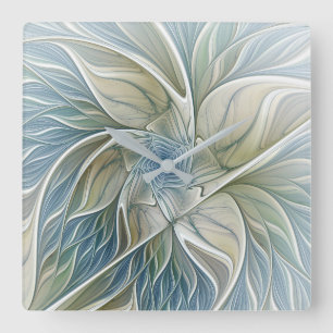 Floral Dream Pattern Abstract Blue Khaki Fractal Vierkante Klok