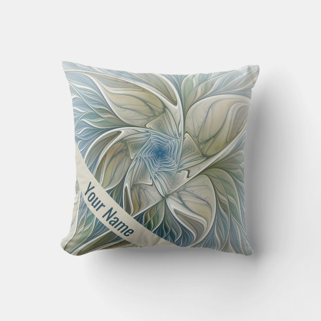 Floral Dream Pattern Abstracte Art Blue Khaki Naam Kussen (Voorkant)