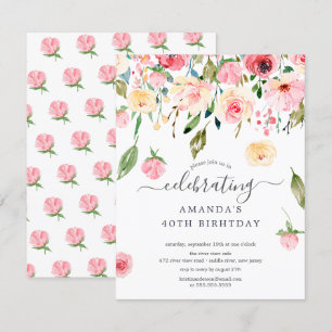 Floral Drop Pink Peonies Birthday Party Invitation Kaart