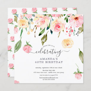 Floral Drop Pink Peonies Birthday Party Invitation Kaart