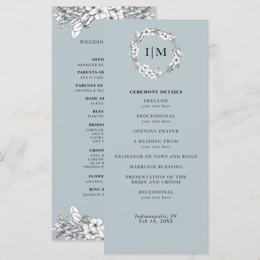 Floral Dusty Blauw Monogram Trouwprogramma Programma (Voorkant / Achterkant)