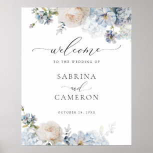 Floral Dusty Bleu Élégante Affiche de bienvenue de
