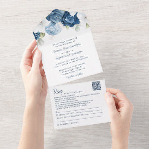 Floral Dusty Blue Botanical Foliage Wedding All In One Uitnodiging