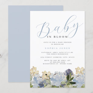 Floral Dusty Blue Boy Baby in Bloom Baby shower Kaart