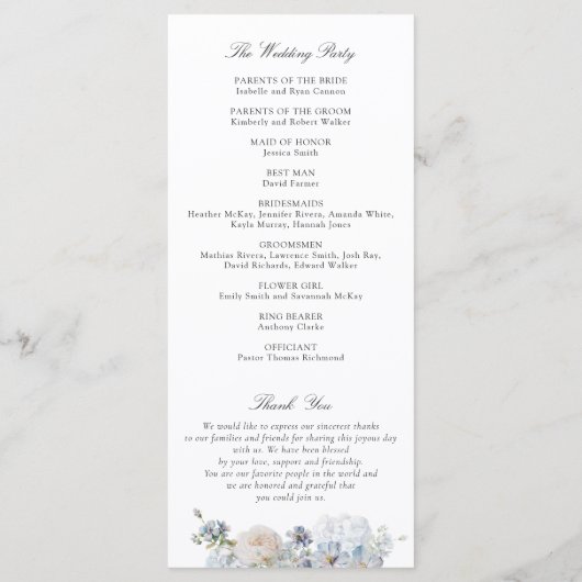 Floral Dusty Blue Elegant Rozen Wedding Programme Programma (Achterkant)