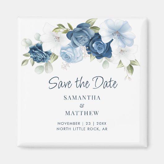 Floral Dusty Blue Elegant Save the Date Keepslag Magneet (Voorkant)