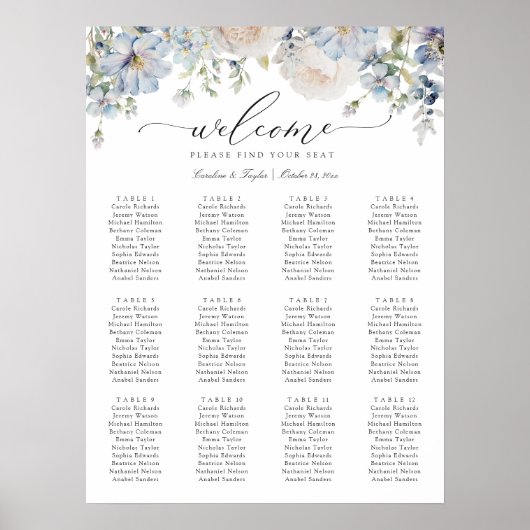 Floral Dusty Blue Elegant Wedding Seating Chart Poster (Voorkant)