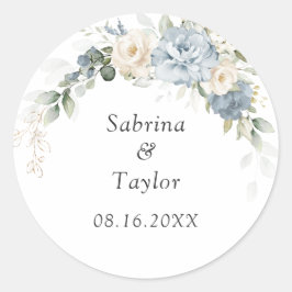 Floral Dusty Blue en White Envelope Seal Sticker
