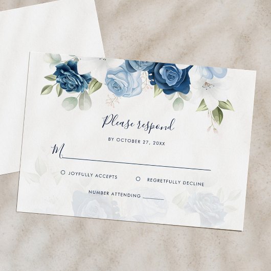 Floral Dusty Blue Floral Script Wedding RSVP Kaartje