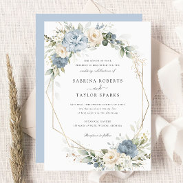 Floral Dusty Blue Greenery Gold Wedding Kaart