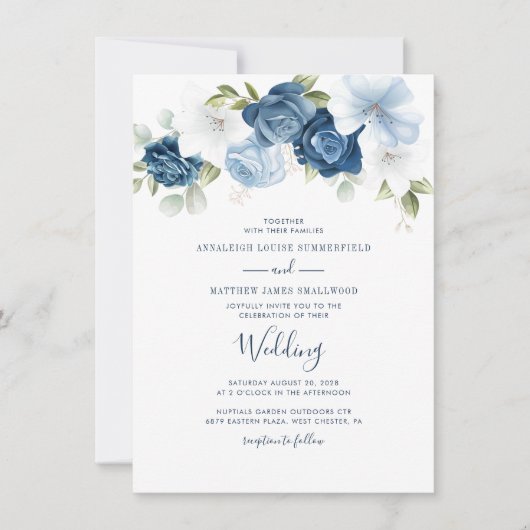 Floral Dusty Blue Greenery Waterverf Wedding Kaart (Voorkant)