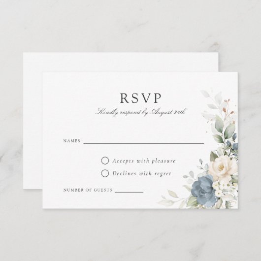 Floral Dusty Blue Greenery Wedding Carte RSVP (Devant / Derrière)