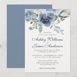 Floral Dusty Blue Ivory Roos Blue Wedding Kaart