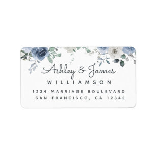 Floral Dusty Blue Ivory Roos Script Return Address Etiket