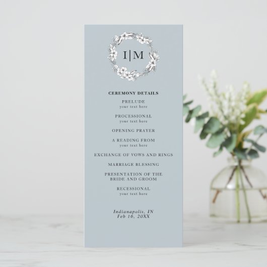 Floral Dusty Blue Monogram Programme de mariage (Debout devant)