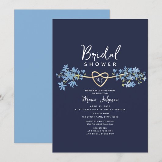 Floral Dusty Blue Navy Bridal Shower Kaart (Voorkant / Achterkant)