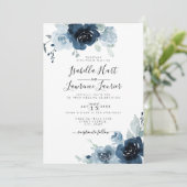 Floral Dusty Blue Pastel Navy Slate Wedding Kaart (Staand voorkant)