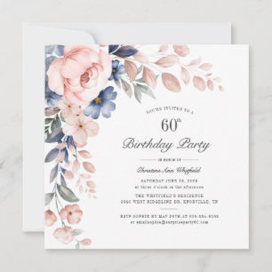 Floral Dusty Blue Pink 60th Birthday Party Kaart